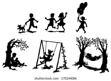 Sets Of Silhouette Children Boy And Girl In Action Expression And Relaxation With Toy Pet Or Leisure Item Icon Set, Create By Vector 