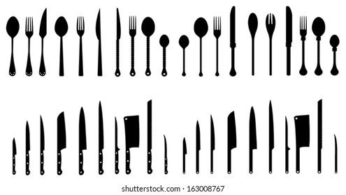 Sets of silhouette kitchen tools and kitchenware spade ladle knife spoon fork spatula icon set 3 for cooking and dinning, create by vector