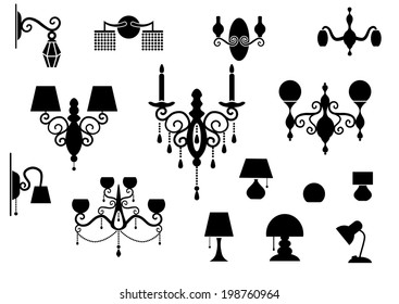 Sets of silhouette Lamp and Chandelier, vector illustration