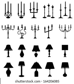 Sets of silhouette lamps and candlesticks for indoor interior furniture and home appliance icon collection set, create by vector.