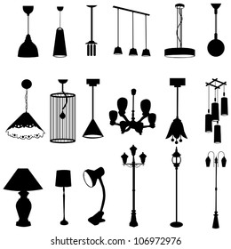 Sets of silhouette lamps light and home appliance for ceiling, table, and floor indoor furniture icon collection set, create by vector.