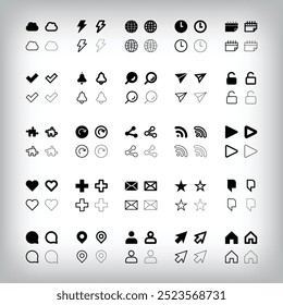 Sets of simple web icons of different thickness. Unique website icons design. Media, business and Network design.