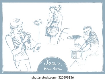 Sets of the sketched musicians. Hand drawn illustration.