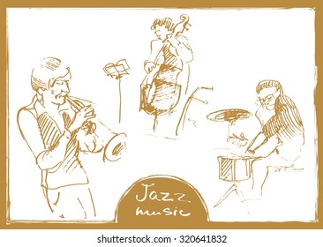 Sets of the sketched musicians. Hand-drawn illustration.