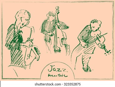 Sets of the sketched musicians. Hand-drawn illustration.