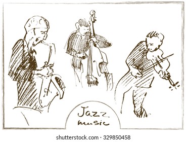 Sets of the sketched musicians. Hand-drawn illustration.