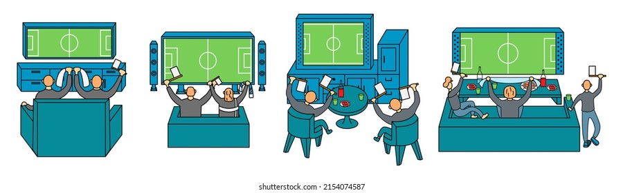 Sets of soccer fans watching football on television isolated on white background