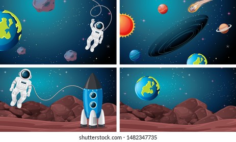 Sets of space scenes illustration