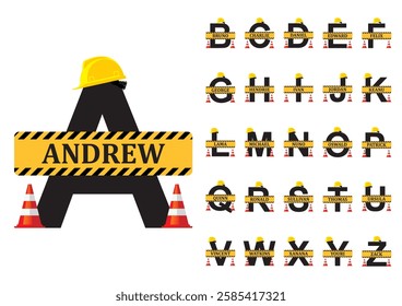 Sets of split alphabet from A to Z with under construction sign and elements. Suitable for digital printing, birthday t-shirt, mug