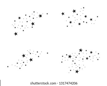 Sets of stars. Abstract falling stars. Black stars on a white background. Star shooting with an elegant star. Meteoroid, comet, asteroid, stars. Stardust trail, comet line. Vector illustration