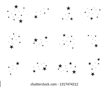 Sets of stars. Abstract falling stars. Black stars on a white background. Star shooting with an elegant star. Meteoroid, comet, asteroid, stars. Stardust trail, comet line. Vector illustration