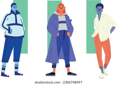 
Sets of stylish people in vector art style Street fashion look Young men and women dressed in stylish trendy oversized clothing. Models standing in various poses.