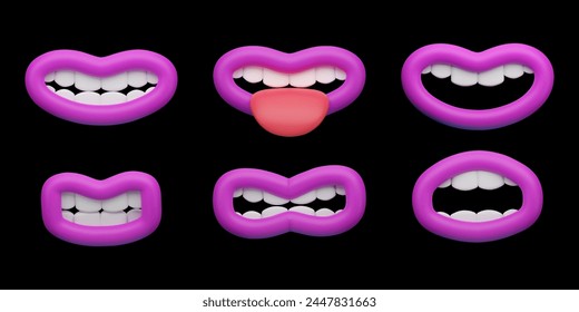 Sets von stilisierten 3D-Vektorgrafiken von Cartoon Pink Lips, die jeweils einen anderen Gesichtsausdruck darstellen; Lächeln, Grinsen, Wut, Herausragen der Zunge.