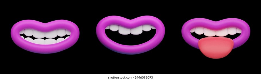 Sets of stylized purple lips 3d vector are displayed against a dark background, each depicting different expressions; a smile, a wider grin, and a smile with a tongue sticking out.