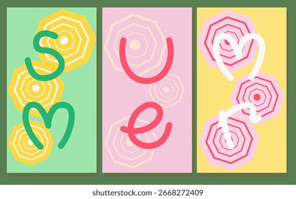 Conjuntos de fondo de verano con texto dibujado a mano. Fondo de pantalla de verano abstracto con sombra de paraguas