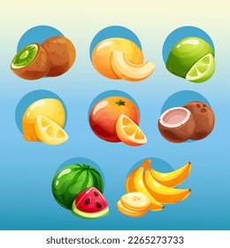 Sets of summer fruits with piece. Coconut, citrus fruits (orange, lime, lemon), banana, melon, watermelon, kiwi