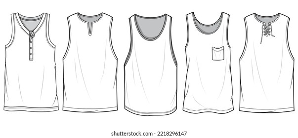 Sets of Tank Top, Men's Vest Top Set Fashion Illustration, Vector, CAD, Technical Drawing, Flat Drawing, Template, Mockup