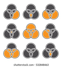 Sets theory basic operations, Venn diagrams, isolated on white background.