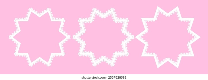 Conjuntos de três molduras brancas de borda em forma de estrela de oito pontas. Coleção de moldura decorativa, de laço. Elemento de design Doily. Para projetos vintage, scrapbooking digital, convite de casamento, artigos de papelaria.