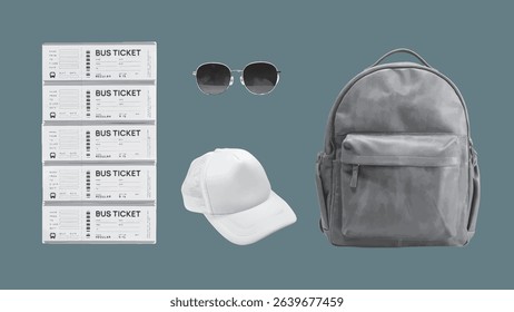 Sets of travel kit collage for adventure. Pop art object compilation including bus tickets, sunglasses, backpack, and hat isolated on grey background. Retro and vintage vibes.