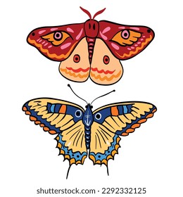 Conjuntos de dos hermosas mariposas y polilla, buenos para recursos de diseño gráfico. , bueno para recursos de diseño gráfico.