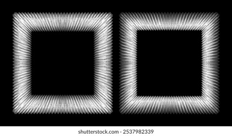 Sets von zwei quadratischen Rahmen mit einem weißen Umriss auf schwarzem Hintergrund. Dünne, weiße Linien, die von der Mitte nach außen abstrahlen. Geringe Dicken- und Abstandsschwankungen. Bewegungsgefühl und Geschwindigkeit.