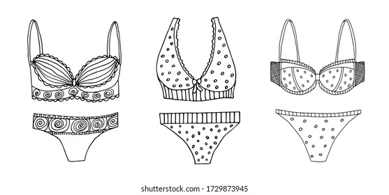 Juegos de ropa interior para mujer. Elementos aislados del vector para el diseño. Estilo Doodle.