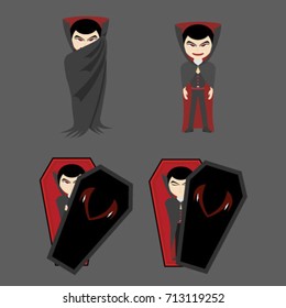a sets of vampire with red eyes that use black robes and coffins for a halloween party, vampire illustration, flat design, vampire character for halloween