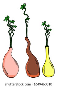 Conjuntos de jarrones con ramas de bambú. Vector aislado en fondo blanco. Perfecto para invitaciones, tarjetas, impresiones, volantes, carteles.