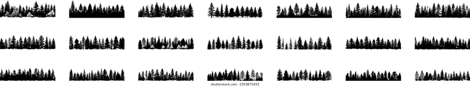 Sets of vector black and white forest icons depict trees, leaves, and wildlife silhouettes for versatile design use.