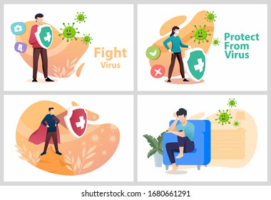 Sets Vector illustration fight covid-19 corona virus. people fight and protect virus concept. corona viruses vaccine concept. end of 2019-ncov. 