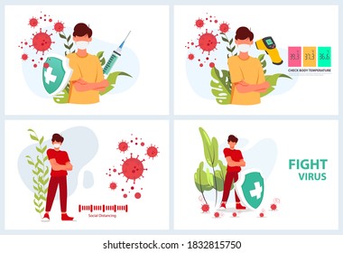 Sets Vector illustration fight virus, vaccine, check temperatur, and Social distancing covid-19 virus or coronavirus.