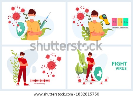 Sets Vector illustration fight virus, vaccine, check temperatur, and Social distancing covid-19 virus or coronavirus.