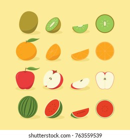 sets of vector illustration kiwi, orange, red apple and water melon fruits with green leaf, slice of kiwi, orange, red apple and water melon, icon fruits, fruits illustration