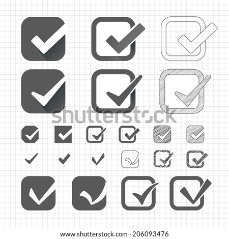 Sets of vector tick or markers check on the sheet in the box. Executed in different styles. chalk, shading, pencil, pen, flat, fill. School theme.