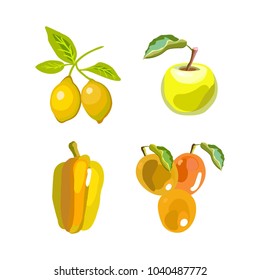 Sets of vegetables and fruits. Isolated icons. Symbol for the menu of cafes and restaurants. Vector illustration.

