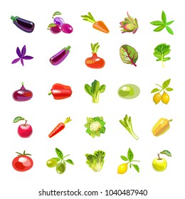 Sets of vegetables and fruits. Isolated icons. Symbol for the menu of cafes and restaurants. Vector illustration.

