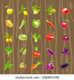 Sets of vegetables and fruits. Isolated icons. Symbol for the menu of cafes and restaurants. Vector illustration.

