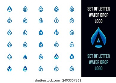 Sets of water drop logos in EPS format. Versatile designs perfect for branding in environmental, wellness, and tech sectors. Scalable and elegant.
