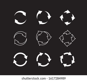 Sets of white circle arrows on black background. Vector outline Icons.