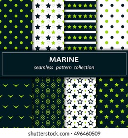 Set.Seamless Christmas pattern in green, blue and white. Great independence Day The 4th of July. A set of American origin. Stars, stripes, zigzags. Vector.