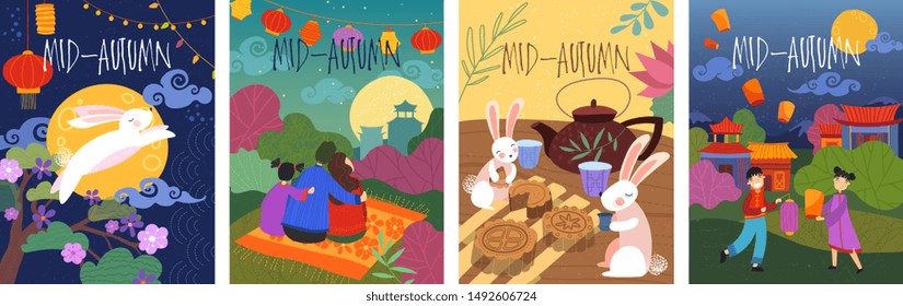 setSet of four colorful cartoon Mid-Autumn poster designs depicting a leaping rabbit, bunnies tea party, and family with glowing paper lanterns in an Asian landscape, vector illustration