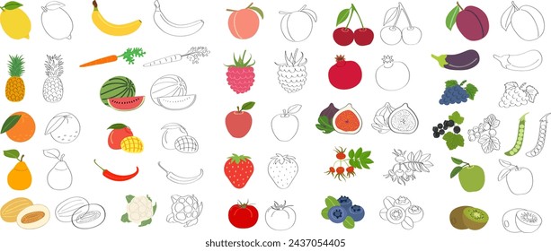 SetSet of fruits, vegeta of fruits, vegetables and berries with vitamin C - flat vector illustration. Cartoon template for children's educational coloring books and packaging for juices and diet food.