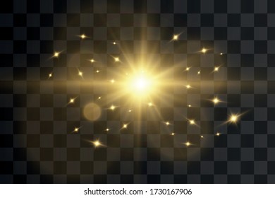 Set.Shining star, particles of the sun and exposure with the effect of illumination, golden fiery bokeh glitter and sparkles. On a dark transparent background. Vector, EPS10