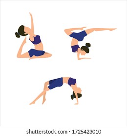 Set.Silhouette de una chica haciendo un ejercicio de yoga. Las formas coloreadas de la chica están aisladas en un fondo blanco. Una joven atractiva en ropa deportiva practica yoga con un patrón impecable.