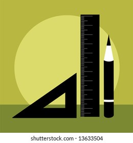  setsquare, scale and pencil, 	