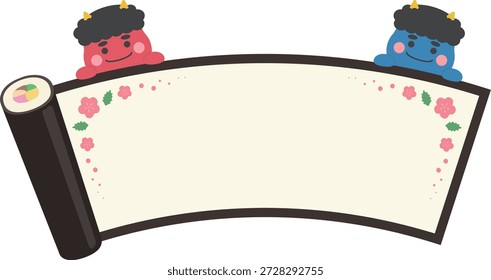 Ilustración de celebración de Setsubun con lindo Oni y rollos de sushi