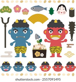 Setsubun Clip art set of Red devil and Blue devil