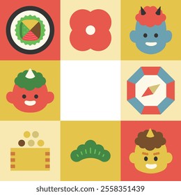 Setsubun colorful pattern illustration|Cute design of devil, lucky beans, and ehomaki