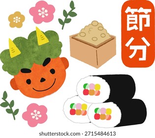 Setsubun demon, ehomaki e ilustração de ícone de lançamento de feijão.
Tradução: É um evento tradicional japonês para dispersar a soja e rezar por boa saúde. Em japonês está escrito "Setsubun".

